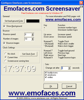 Emofaces.com Screensaver Configuration screen
